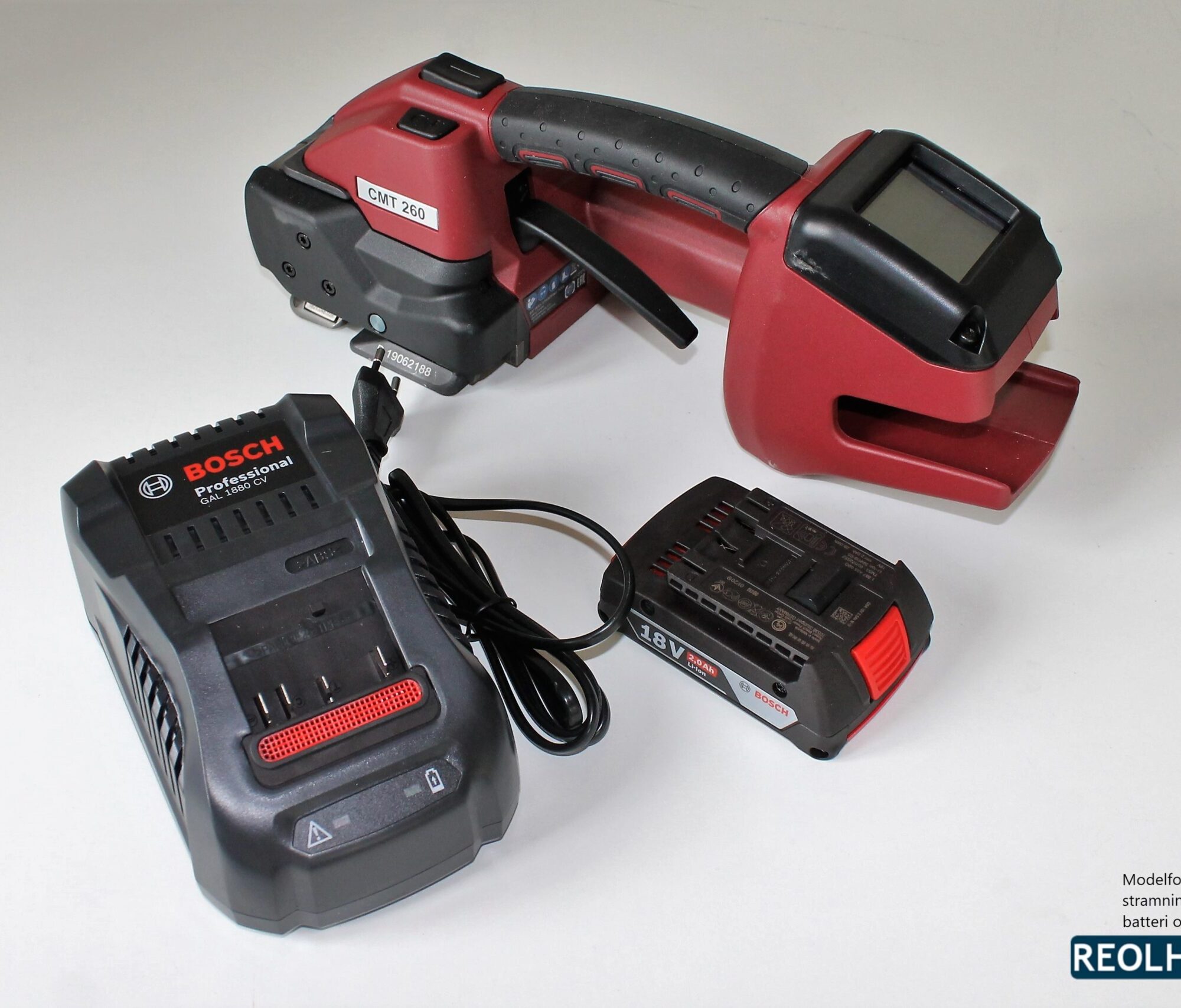 Håndapparat til plastbånd med batteri og lader