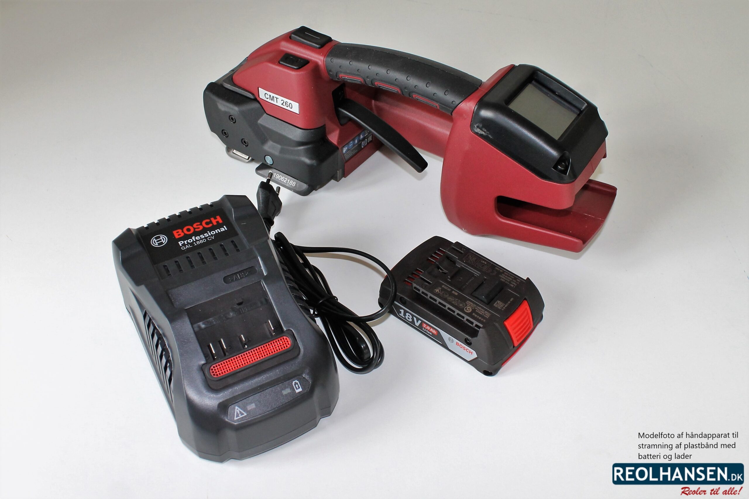 Håndapparat til plastbånd med batteri og lader