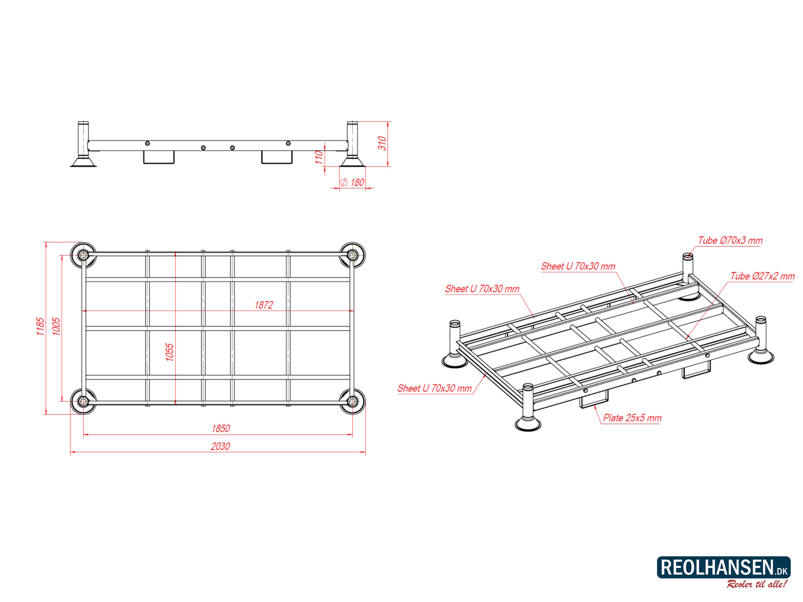 Stabelbar transportramme på 2030x1185mm inkl. 4 rør - Billede 4
