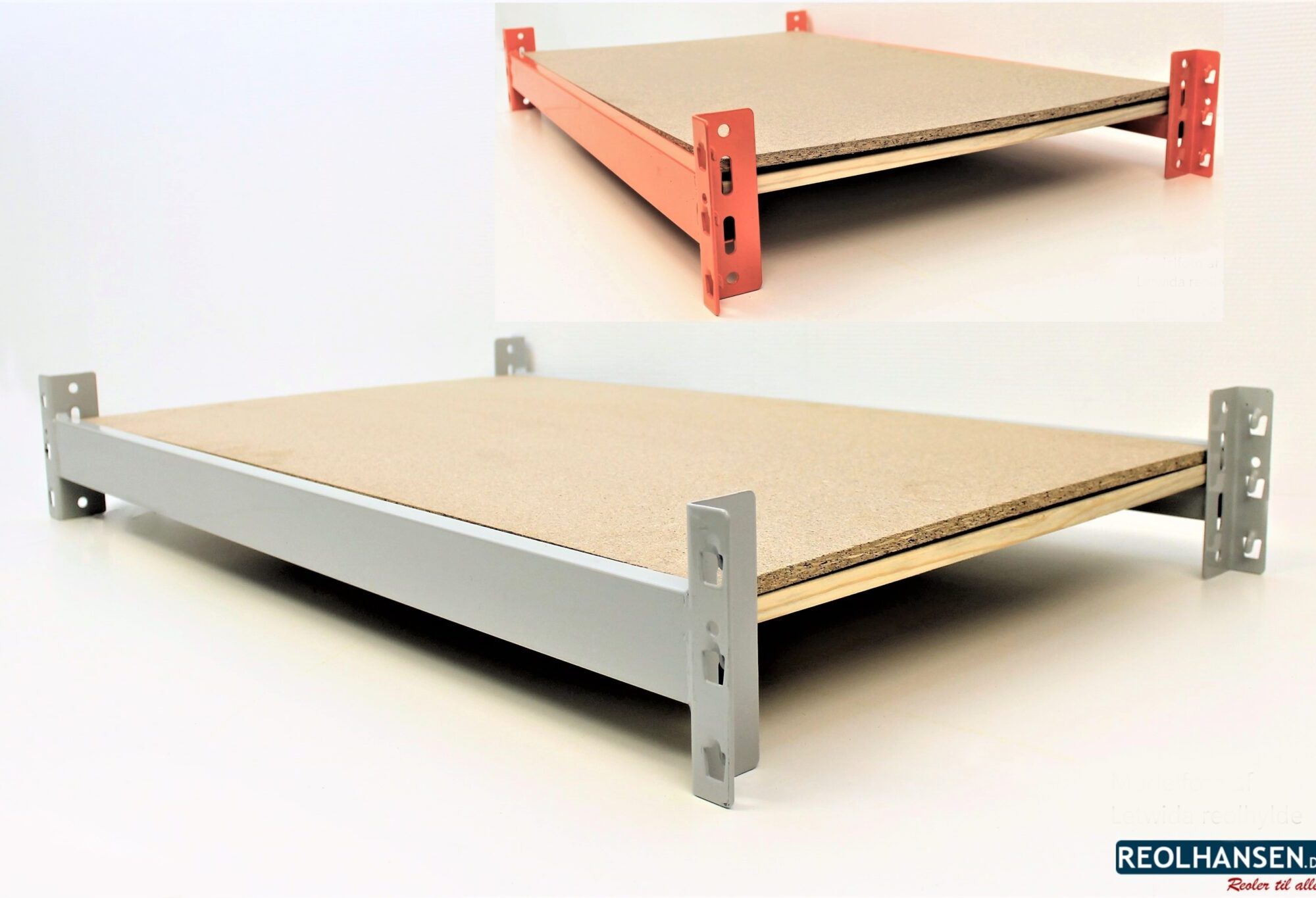 Letwida reolhylde med grå eller orange reolbjælker
