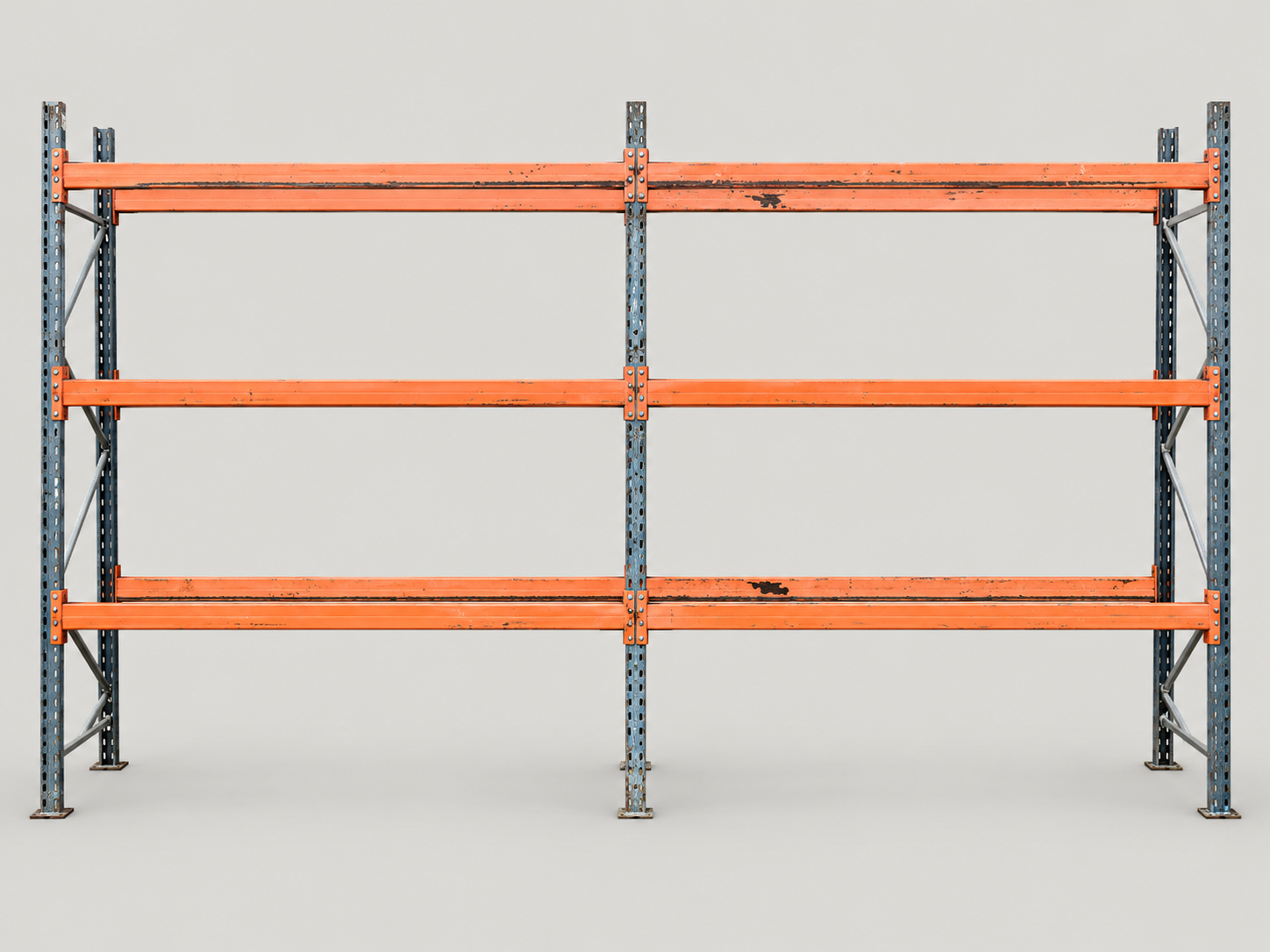Komplet brugt Mecalux-pallereol med to fag og orange bjælker
